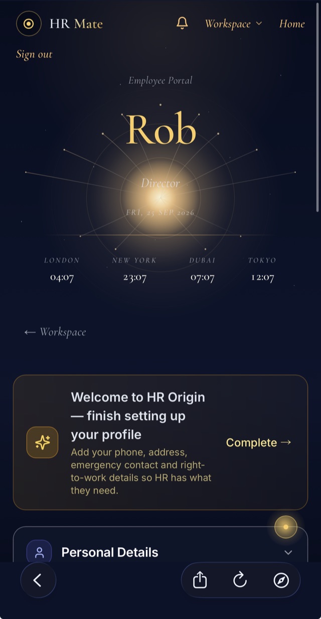 Their portal: HR Origin on an employee's phone