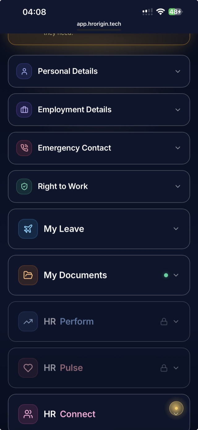 Their records: HR Origin on an employee's phone
