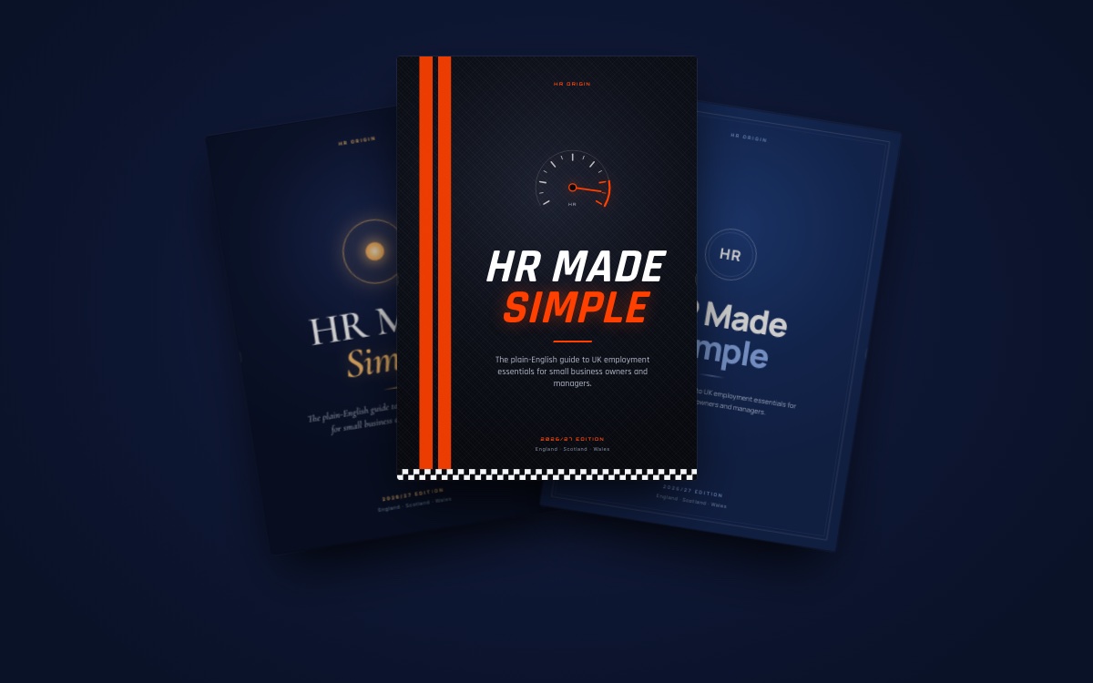 Three covers of the HR Made Simple booklet: Apex in black and racing red at the front, with the navy Origin and Sterling editions behind it.