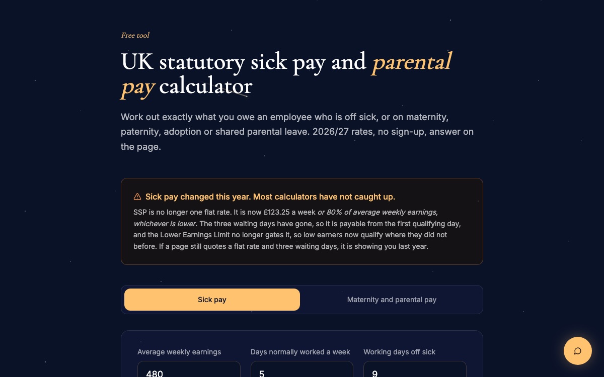 The statutory pay calculator: a navy page with the sick pay and parental pay tabs and a gold total.